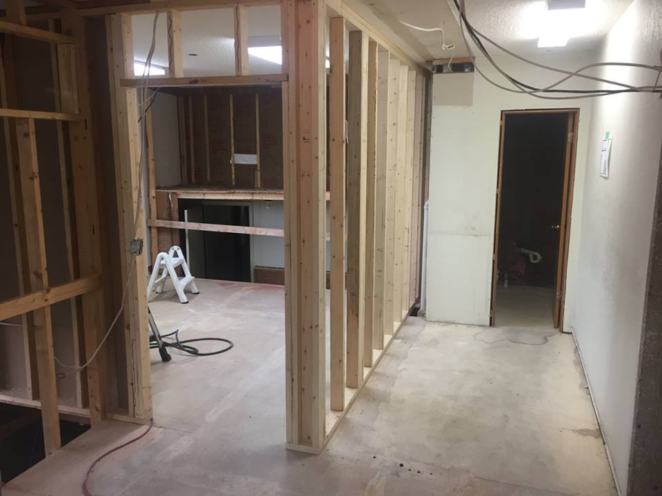 New wall in the upstairs office! On the left will be Vicki's office. On the right will be a storage closet and an ADA accessible bathroom.