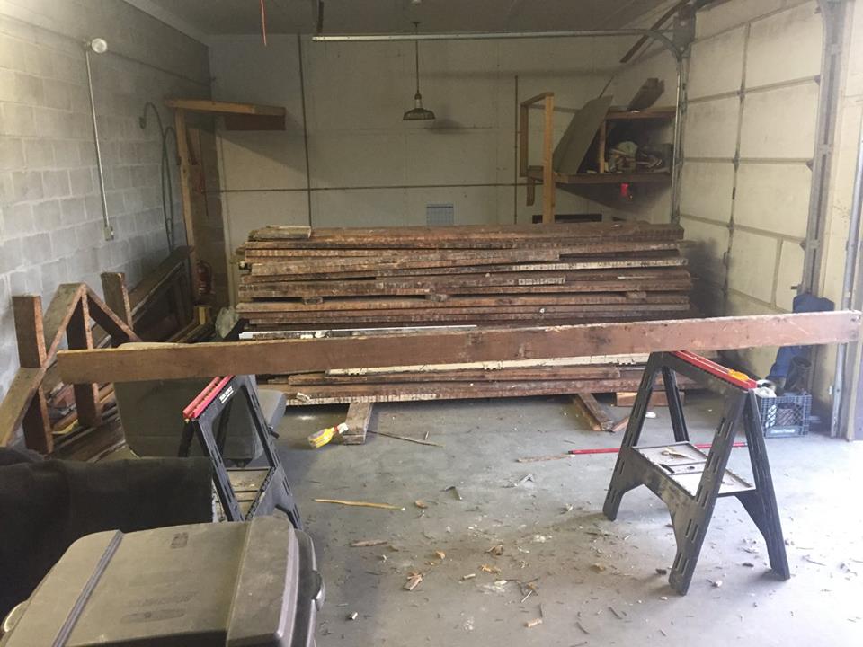 Making some good progress on the pile of firehouse wood! This wood will be used to make the board room table and several desks. All of the wood
              was donated from a remodel project in Davenport and was orinigally part of the first firehouse west of the Mississippi.