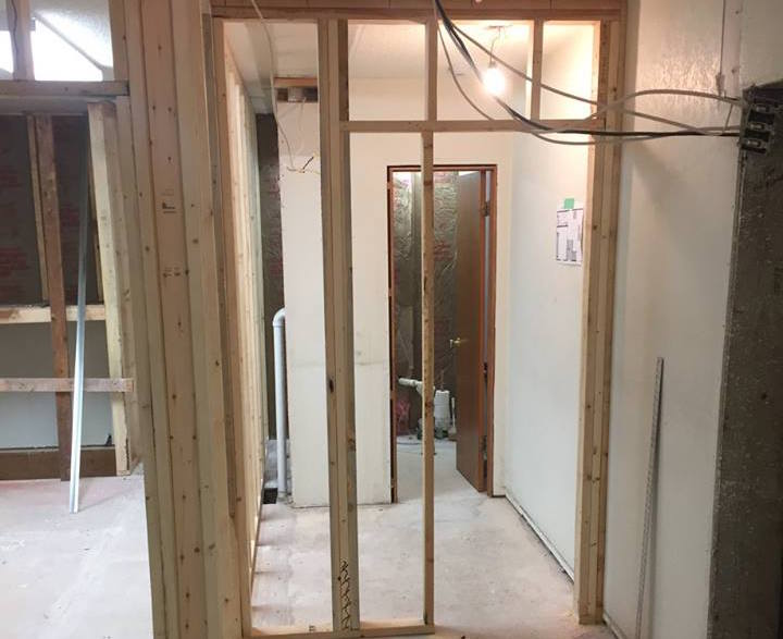 Framing around the upstairs bathroom. At the end of construction, the door will be widened so that it is ADA accessible.