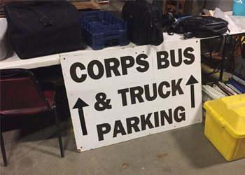 An old sign from Music on the March is very appropriate for our new building, where we will be able to park our entire fleet of vehicles
              on-site.