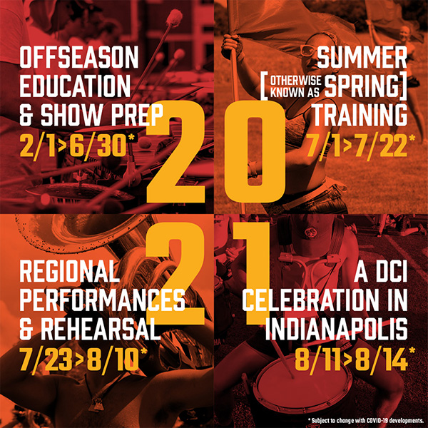 Offseason education & show prep: 2/1 - 6/30; Summer (otherwise known as spring) training: 7/1 - 7/22; Regional performances and rehearsal: 7/23 - 8/10; A DCI celebration in Indianpolis: 8/11 - 8/14